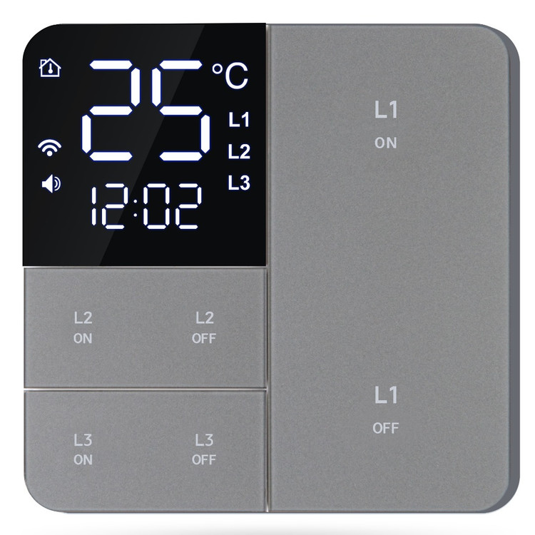 کلید 3 پل هوشمند طوسی WiFi دارای نمایشگر ساعت و سنسور دمای محیط