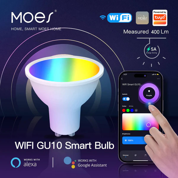 لامپ 5 وات GU10 هوشمند WiFi RGB قابل تنظیم MOES مدل WB-TD5-RWW-GU10-220-MS