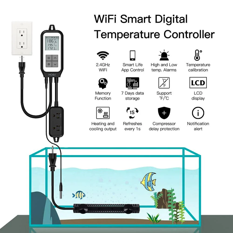 سنسور دما هوشمند WiFi دارای نماشگر با دو پریز برق خروجی سرمایش و گرمایشی برند Moes مدل WTP-YC-US2-BK-MS