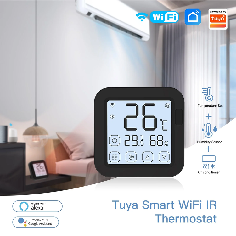سنسور دما/رطوبت و ترموستات هوشمند کنترل تهویه دارای نمایشگر WiFi (ترموستات + ریموت AC + سنسور دما/رطوبت) برند Moes مدل WR-FL-S16-BK-MS