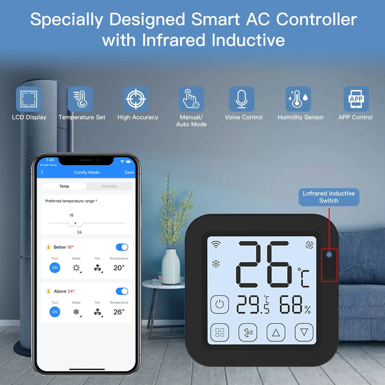 سنسور دما/رطوبت و ترموستات هوشمند کنترل تهویه دارای نمایشگر WiFi (ترموستات + ریموت AC + سنسور دما/رطوبت) برند Moes مدل WR-FL-S16-BK-MS