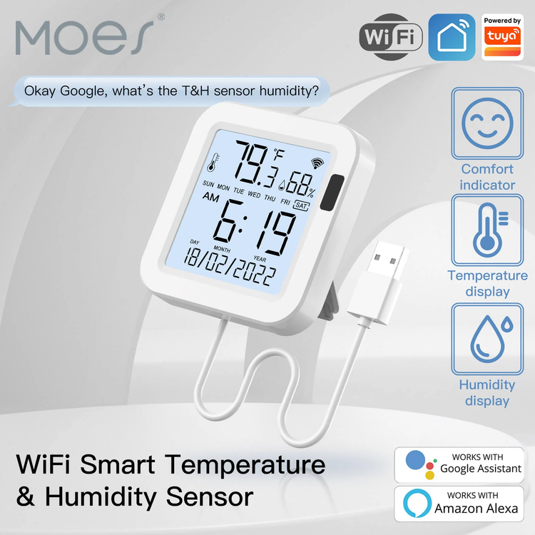 سنسور هوشمند WiFi دما و رطوبت با نمایشگر MOES مدل WSS-FL-TH16-WH-EN