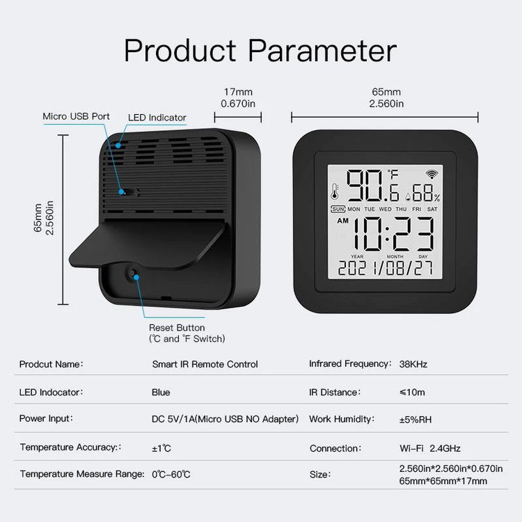 ریموت کنترل هوشمند Wi-Fi مادونقرمز MOES با سنسور دما و رطوبت مدل WR-TY-THR-BK-MS